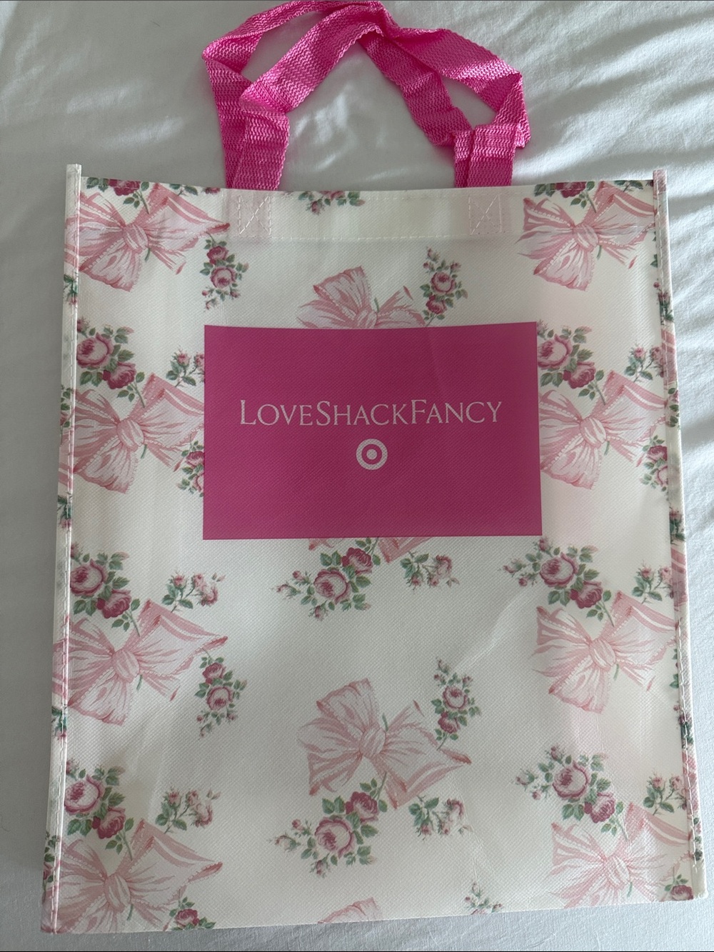 LoveShackFancy Cream Tote with Pink Floral Bow Print